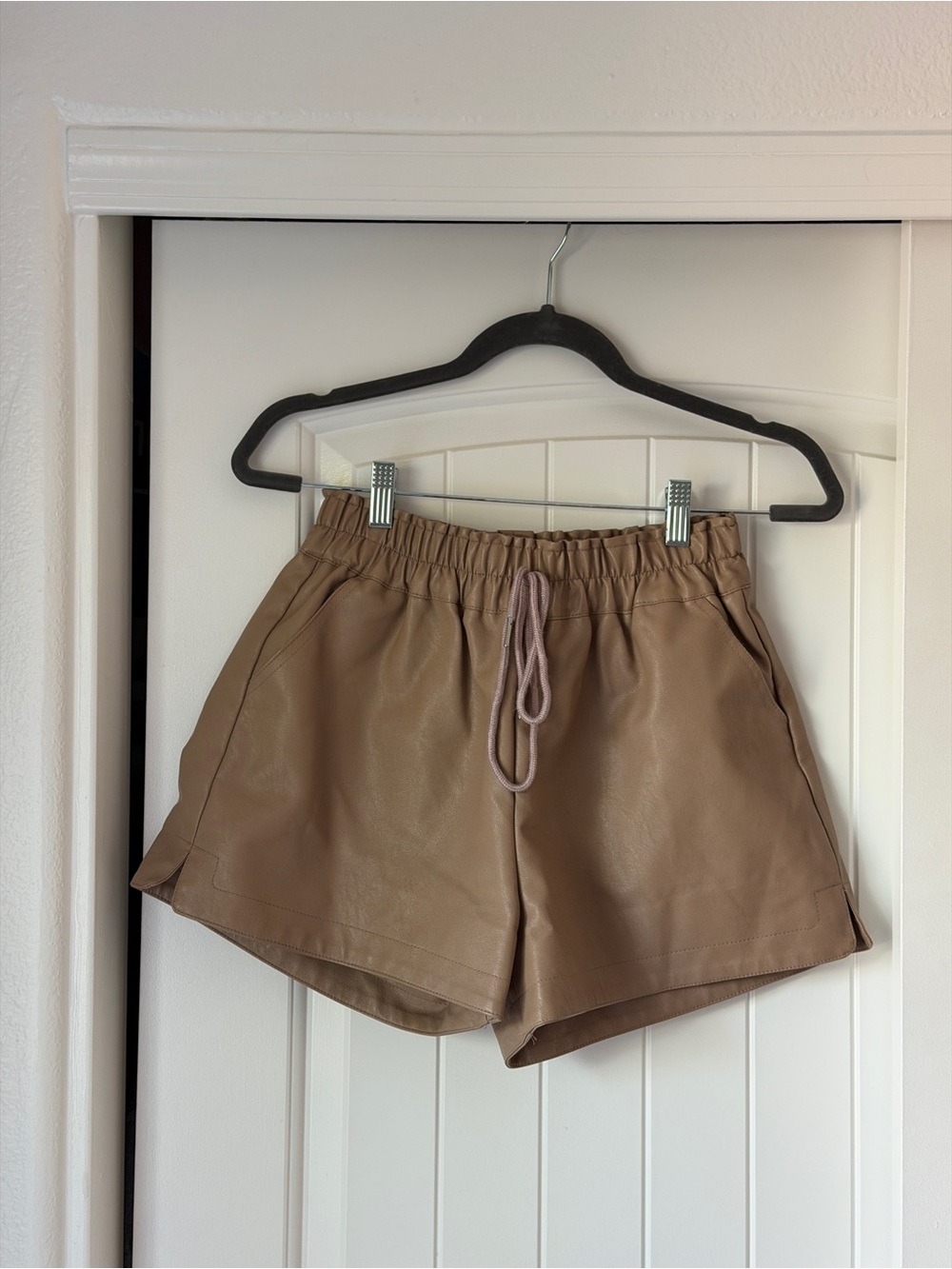High-Rise Faux Leather Drawstring Shorts in Camel